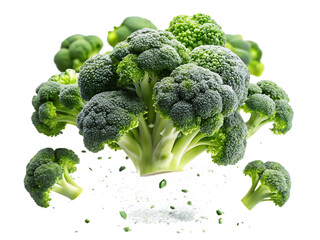 Bunch of fresh green broccoli florets with small pieces scattered around isolated on a transparent background