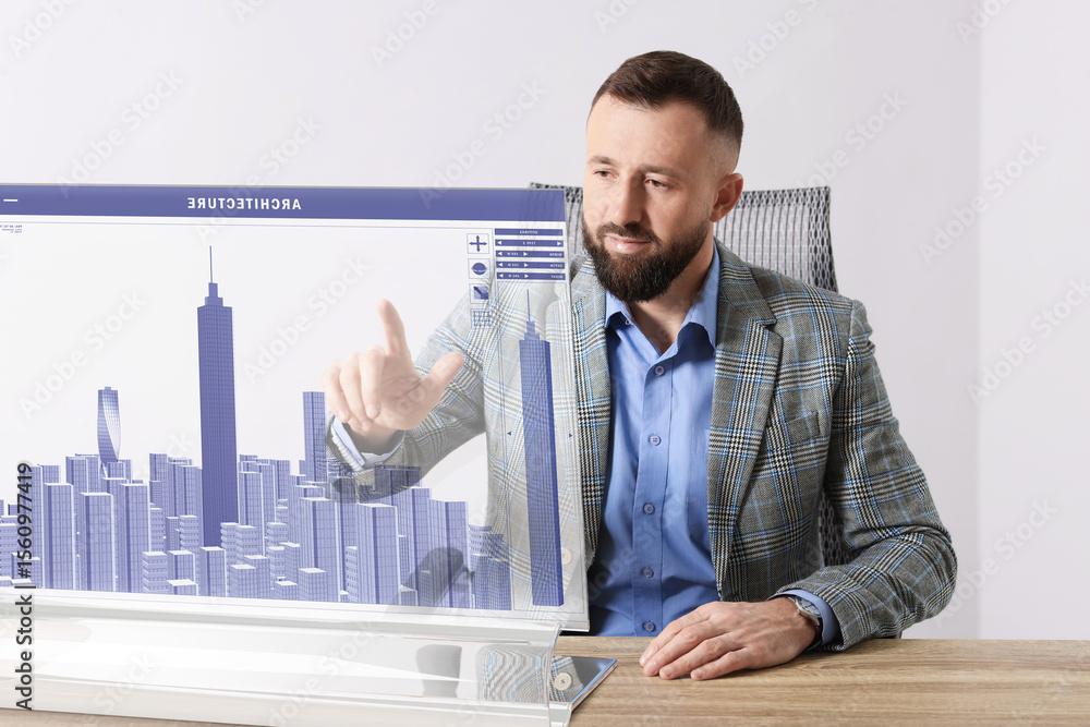 Poster building information modelling. man using virtual screen in office