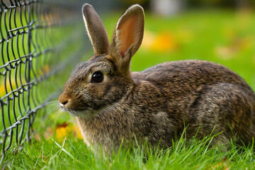 Close-up of a brown rabbit sitting on green grass near a wire fence in a garden or park setting

