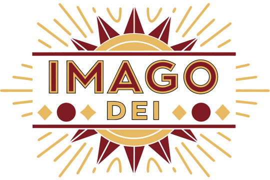 Imago Dei Text Graphic with Sunburst and Geometric Shapes