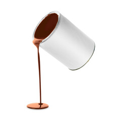 Brown paint pouring out of can on white background