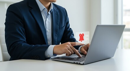 businessman working and receiving a notification bell icon on computer. businessman interacting with a digital interface that displays and touches a notification bell icon.