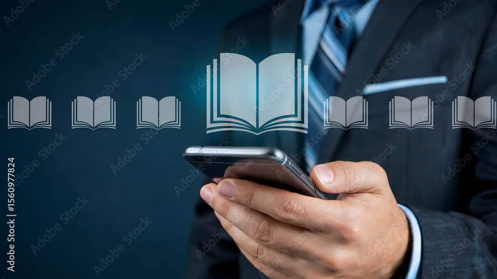 Poster man is using mobile to access digital library, offering knowledge and information, creating modern l