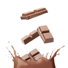 Chocolate pieces falling into splashing chocolate milk against white background