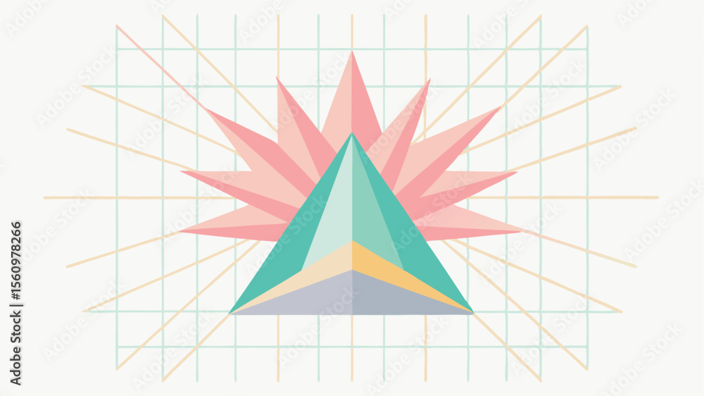 Poster geometric abstract composition featuring pink teal and yellow triangles on a grid with transparency