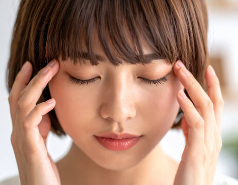 こめかみを押さえる若い女性/Young woman holding her temples