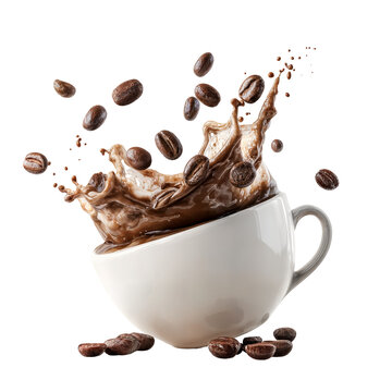 Hot coffee splash with flying roasted beans in white ceramic cup isolated on transparent background