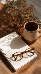 Ceramic mug of coffee with blank notebook and glasses on wood table