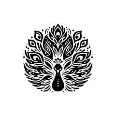 Ornate black and white peacock design in a circular mandala pattern.