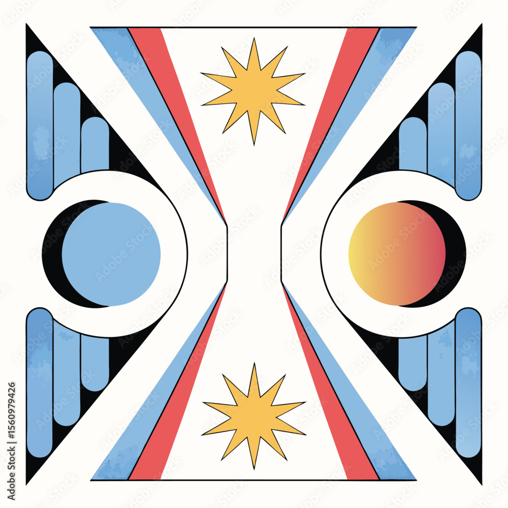 Poster geometric abstract design with colorful shapes and stars on a transparent background