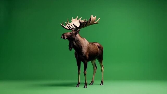 A brown moose standing upright against a solid green colored studio backdrop looking forward green screen animal video