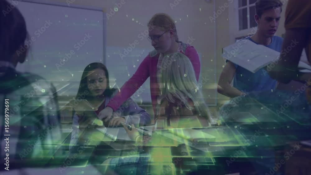 Poster standing student pointing at notes with green streams appearing, classmates using laptop for study