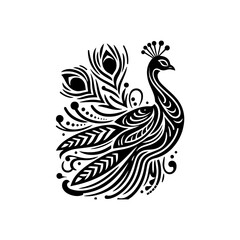 Ornate black and white stylized peacock design, featuring intricate feather patterns and decorative elements.