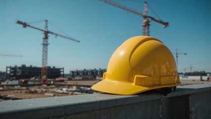 Close-Up of Yellow Safety Helmet at Urban Construction Site