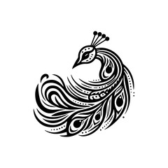 Stylized black and white illustration of a peacock with intricate feather details.