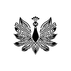 Ornate black and white stylized peacock graphic design.