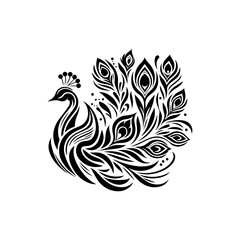Elegant black and white stylized peacock illustration, ornate feathers, detailed design.