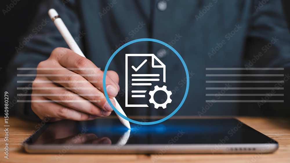 Poster hand using stylus pen on digital tablet for document review, data management, and automation, symbol