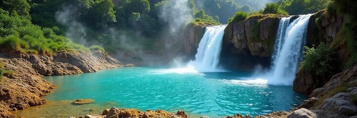 Serene Turquoise Geothermal Hot Spring Cascades Down Rocky Cliffs into Lush Green Valley