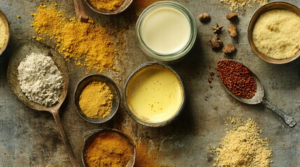 Overhead view of golden milk turmeric latte preparation ingredients. Culinary concept for healthy drink and spiced beverage.