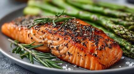 Raw salmon fillet with fresh herbs, lemon, and spices on a plate, ready for cooking and healthy eating concept.