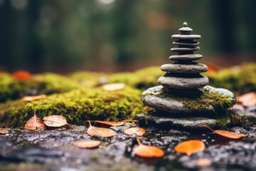 Obraz premium Stacked balance stone cairn. Zen nature concept for meditation and relaxation. Symbolic landmark for harmony and peace.