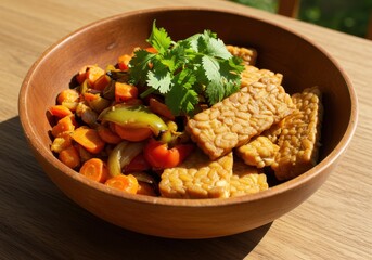 Fresh and Colorful Plant-Based Dish with Tempeh and Mixed Vegetables on Wooden Bowl