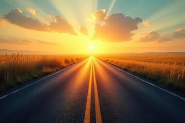 Naklejka premium Open Road Freedom Sun-Drenched Asphalt Ribbon Winding Through Rural Tranquility, Wild Grasses Swaying Gently in the Breeze, Evoking a Sense of Endless Journey and Escape.