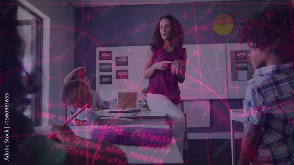 Poster teacher in classroom placing brain model pointing toward board as red overlay showing data network