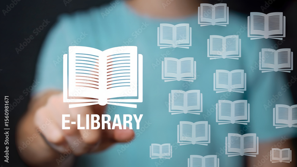 Aufkleber a conceptual illustration of an e-library with a hand touching the screen to access books and learni
