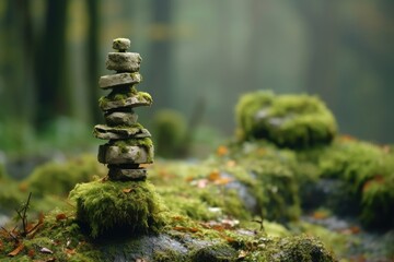 Stone cairn with moss in a forest. Balance concept. Mindful rock stacking in nature. Meditation and harmony.