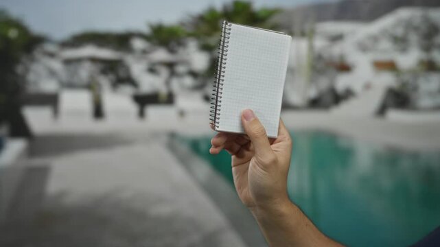 Hand of a man holding a spiral notebook at an outdoor poolside resort setting, suggesting leisure and planning.