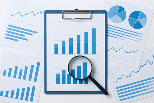 データ分析と成長グラフをチェックするビジネス資料と拡大鏡のイメージ