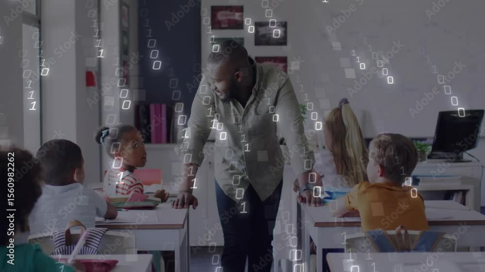 Poster teacher leaning over desks and speaking initiating binary rain overlay in classroom coding session