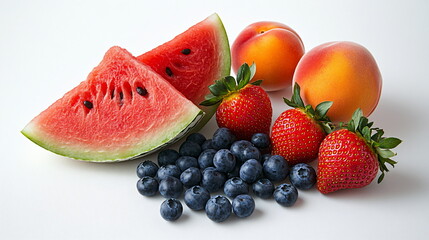 Freshly sliced watermelon and diverse berries on a clean white surface with ripe peaches. A concept of summer fruit, healthy eating, and natural sweetness.