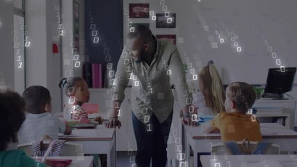 Teacher leaning over desks and speaking initiating binary rain overlay in classroom coding session - Powered by Adobe