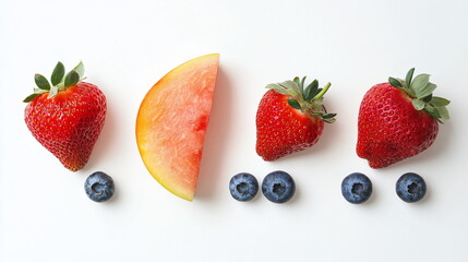Freshly sliced watermelon and diverse berries on a clean white surface with ripe peaches. A concept of summer fruit, healthy eating, and natural sweetness.
