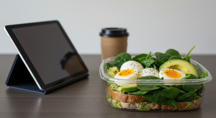 Healthy Breakfast with Avocado, Spinach, Eggs, and Coffee on a Modern Table with Digital Tablet Nearby
