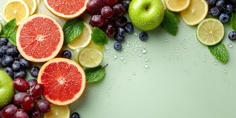 Fresh healthy fruit with vibrant color on pastel green background. Concept for natural food and healthy lifestyle.