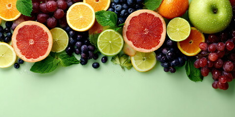 Fresh healthy fruit with vibrant color on pastel green background. Concept for natural food and healthy lifestyle.