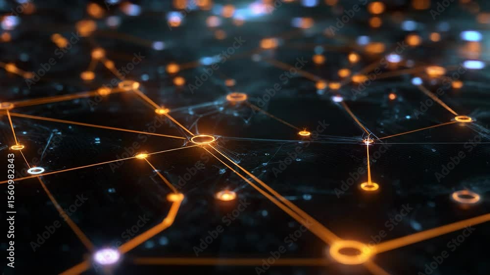 Poster interconnected network: a close-up perspective of a vast, complex network illuminated by luminous pa
