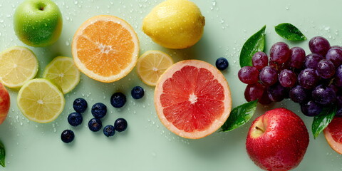 Fresh healthy fruit with vibrant color on pastel green background. Concept for natural food and healthy lifestyle.