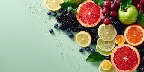 Fresh healthy fruit with vibrant color on pastel green background. Concept for natural food and healthy lifestyle.