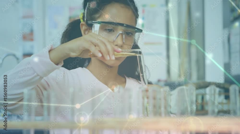 Poster student picking pipette and moving liquid into tubes in lab while network overlay analyzing clarity