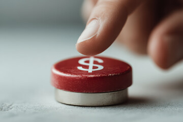 giant red button with dollar sign on it placed on clean white table human hand hovering above ready to press it