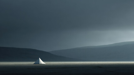 minimalist scene featuring solitary tent against mountain ridge of argentina under dramatic storm clouds