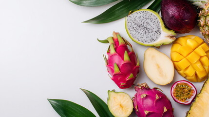 Assorted tropical fruit with pineapple, mango, and dragon fruit on a bright white background. Healthy food and produce concept.