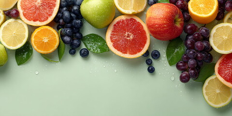 Fresh healthy fruit with vibrant color on pastel green background. Concept for natural food and healthy lifestyle.