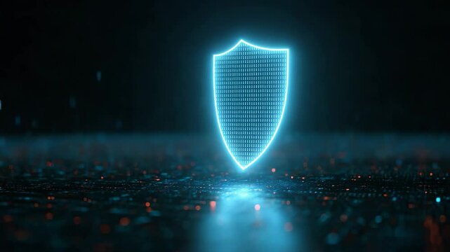 Digital Shield: Illuminated with a bright, cool blue glow against a dark, textured backdrop.