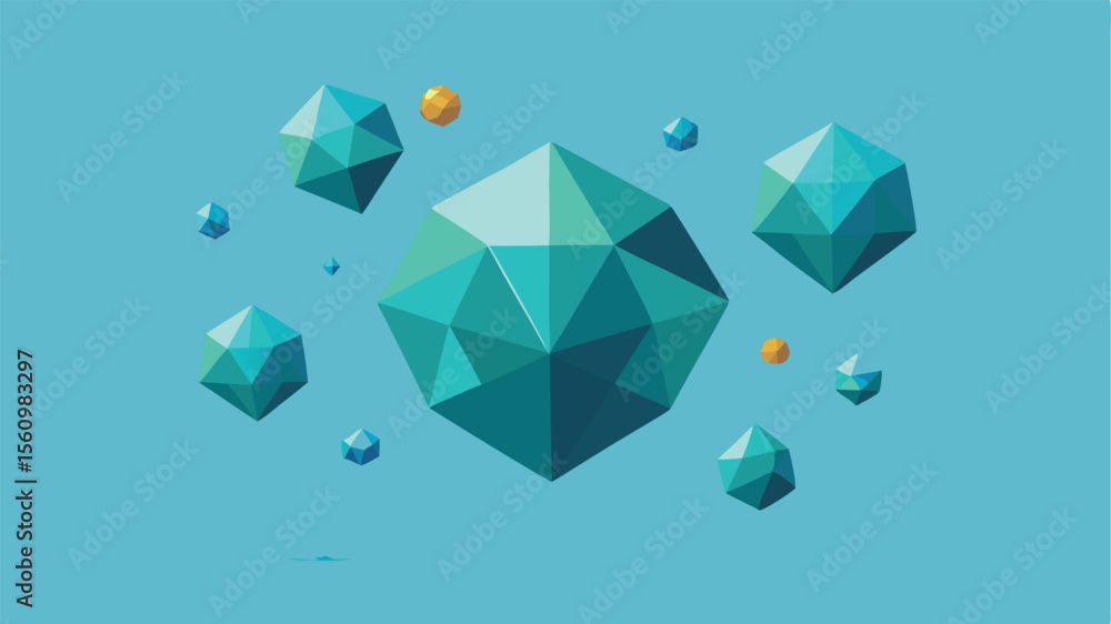 Poster geometric shapes abstract illustration with polygonal and spherical elements on teal background